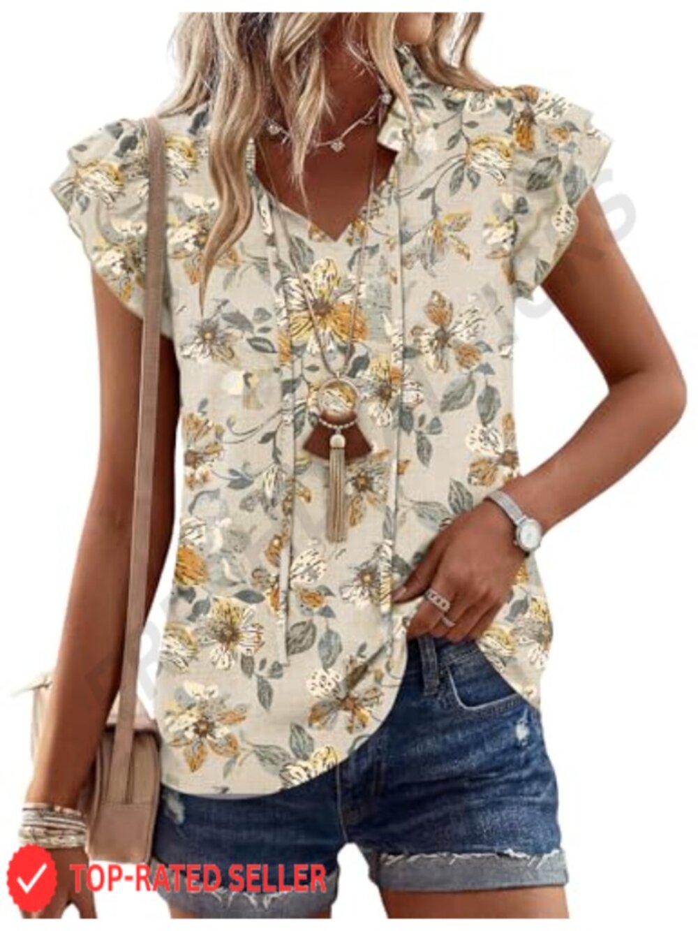 LOMON Women's Floral Chiffon Blouse Ruffle Sleeve V-Neck Tie Front Summer Top